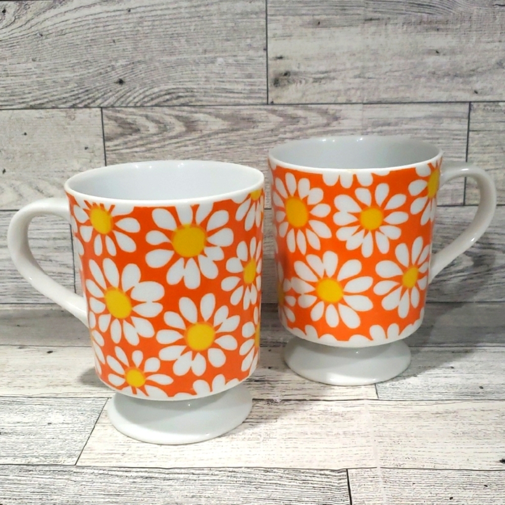 Vintage Orange Floral Mug Set
